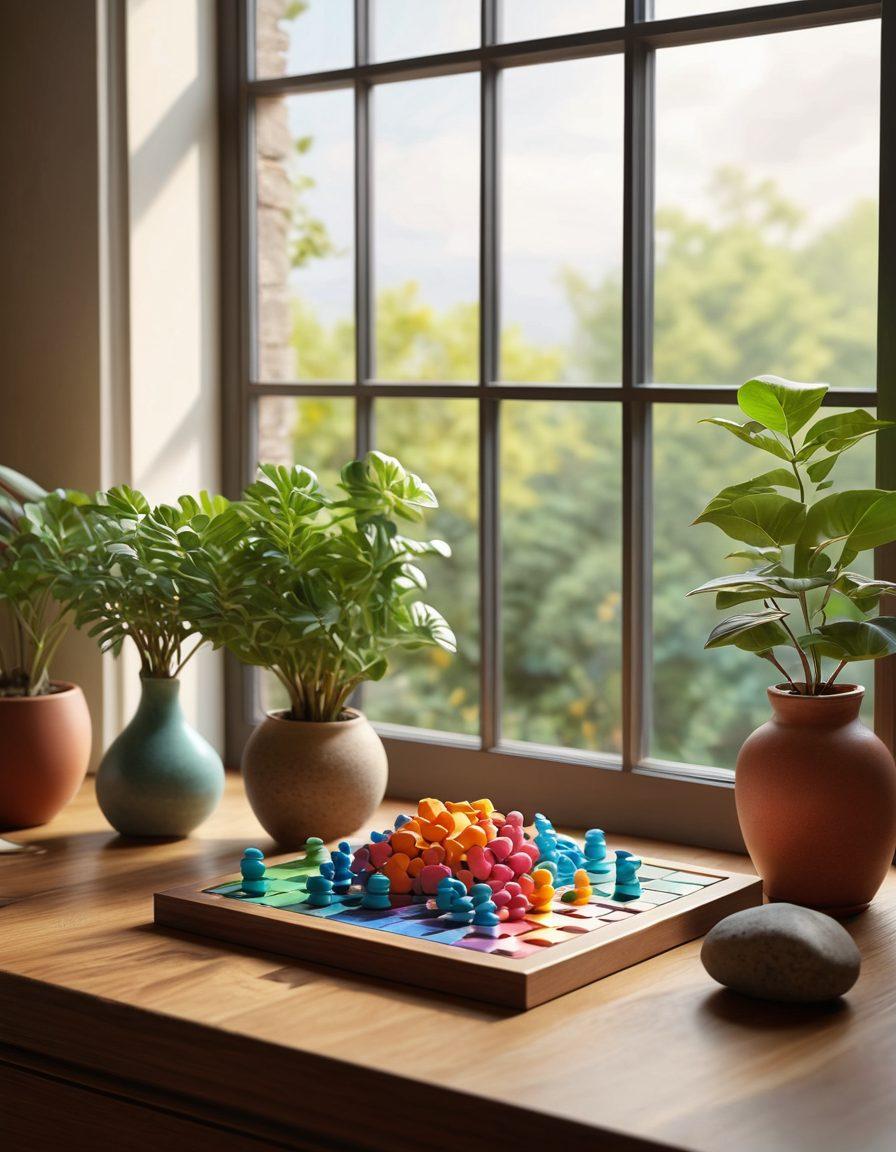 A serene workspace featuring a colorful brain puzzle, mindfulness tools, and calming nature elements like plants and stones. In the background, soft light filters through a window, casting gentle shadows and creating a tranquil atmosphere. Include playful metaphors like a maze or chess pieces symbolizing strategy and intellectual challenge. super-realistic. vibrant colors. warm tones.
