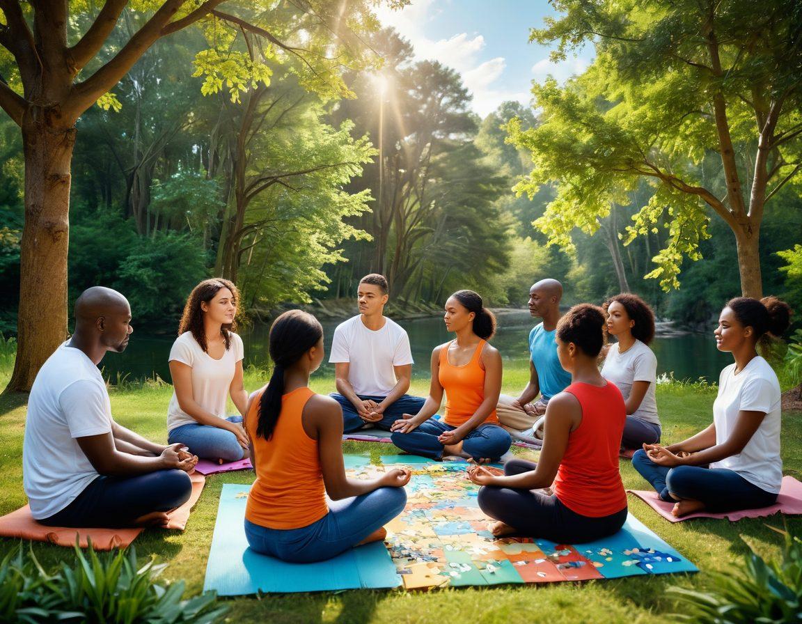 A serene and supportive community setting featuring a diverse group of people engaging in mindful activities, such as meditation and group therapy, surrounded by nature. Visual elements like puzzle pieces and brain icons symbolize mental wellness and healing. Soft, warm lighting creates a calming atmosphere, inviting viewers into the scene. super-realistic. vibrant colors. peaceful background.