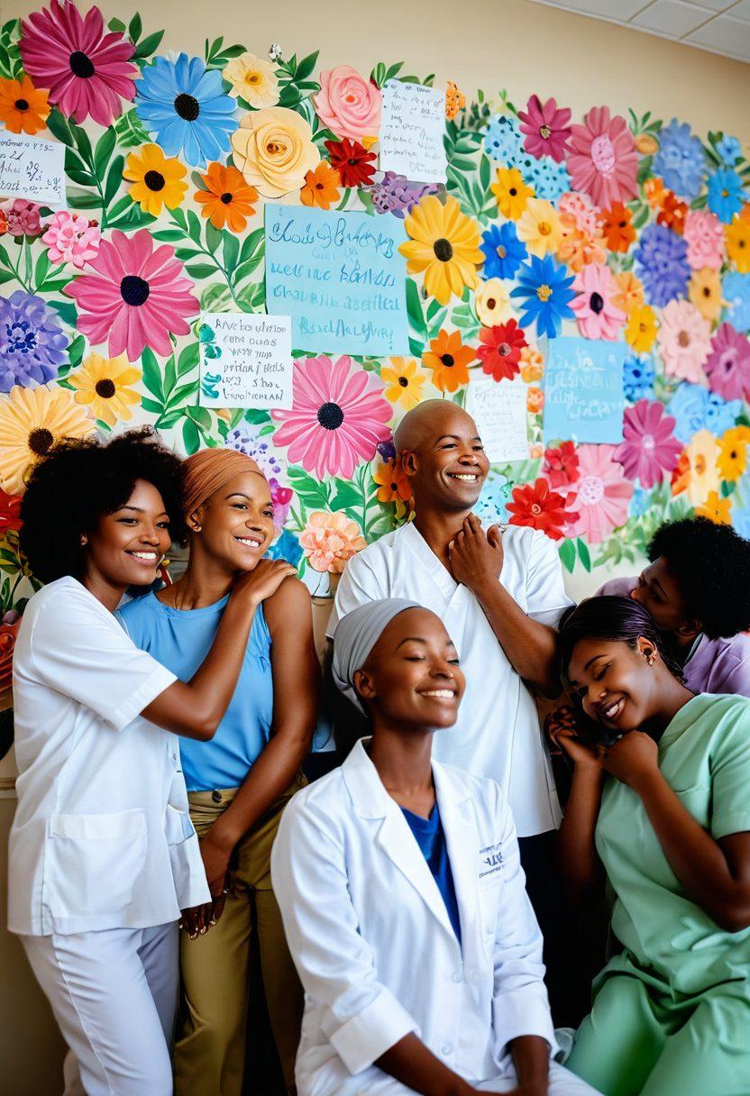 A serene hospital room filled with warm light, depicting a group of diverse individuals supporting a cancer patient, with hands intertwined and smiling faces. In the background, an inspirational wall covered in messages of hope and healing. Flowers and soothing colors create a nurturing environment emphasizing the power of community and connection. super-realistic. vibrant colors. soft focus.
